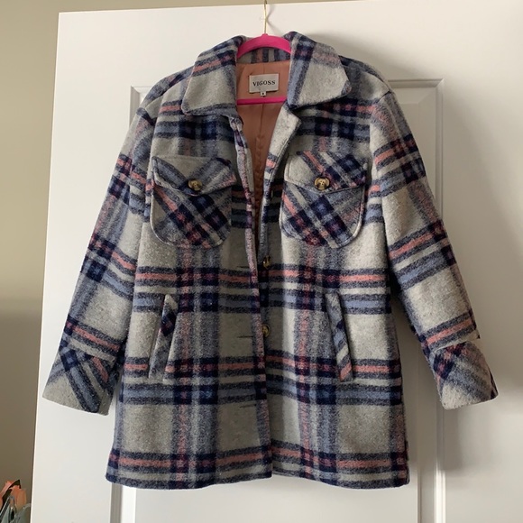 Vigoss plaid “shacket,” blue/pink/light grey, size S. - Picture 1 of 3